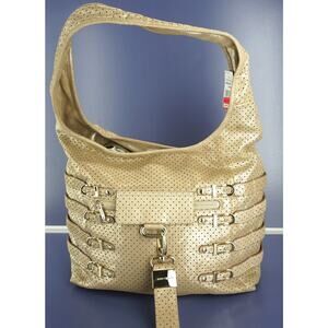 Jimmy Choo Bardia Perforated Shimmer Suede Buckle Strap Hobo Shoulder Bag $1650